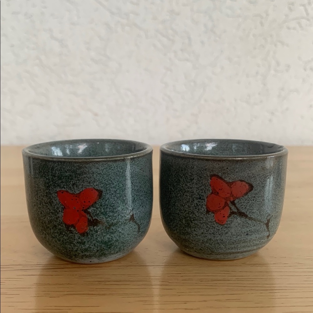 Set of 2 ceramic sake cups with red flower design